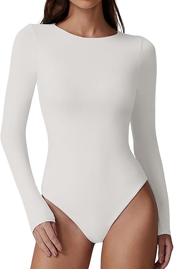(XS) QINSEN Womens Crew Neck Long Sleeve Bodysuit (WHITE) Double Lined Body Suits Basic T-Shirt Tops