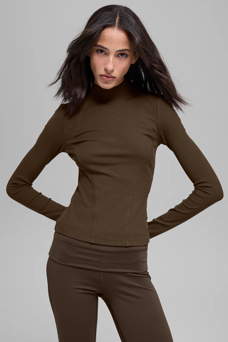 ALO YOGA Ribbed Mesmerize Mock Neck Long Sleeve Espresso Size: XS
