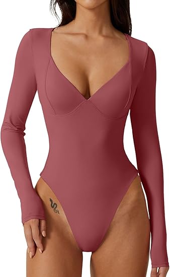 (M) QINSEN Women's Long Sleeve Bodysuit (MERLOT) V Neck Body Suits Seamed Cup Going Out Tops Shirt