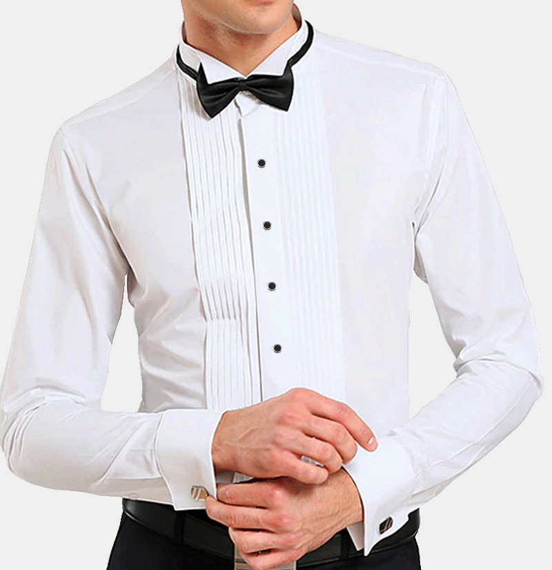 Gentleman's Guru White French Cuff Tuxedo Shirt with Black Buttons XL