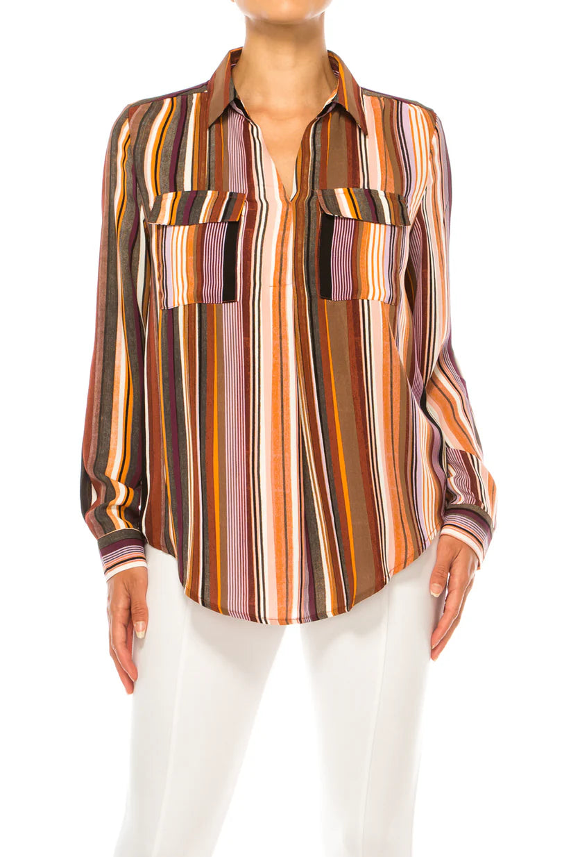 Zac & Rachel Stripe Split Neck Long Sleeve Top