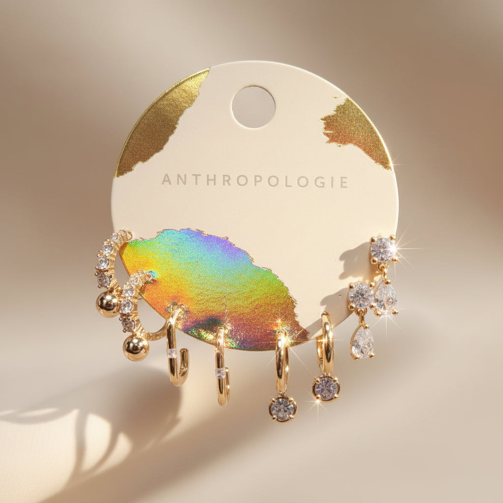 ANTHROPOLOGIE - Drippy Crystal Huggie Hoop Earrings - 14KGP - Set of 4