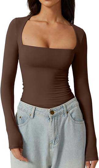 QINSEN Women's Sexy Square Neck Shirt Long Sleeve Double Lined Tees Fitted Going Out Top Size: Small