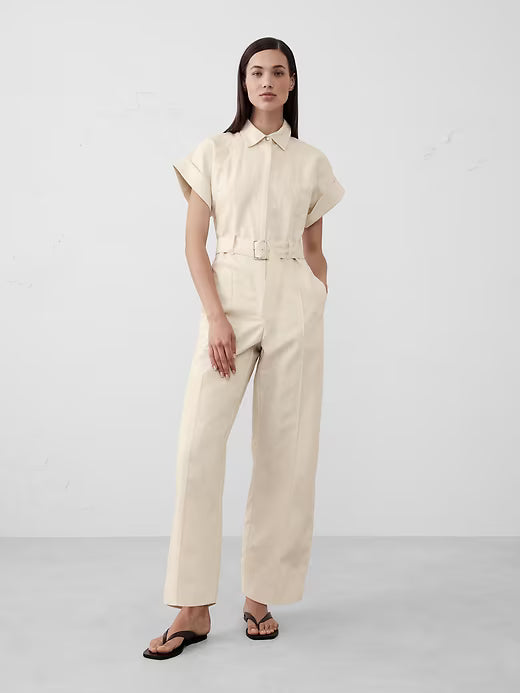Banana Republic Linen-Blend Belted Jumpsuit Cream Size: S