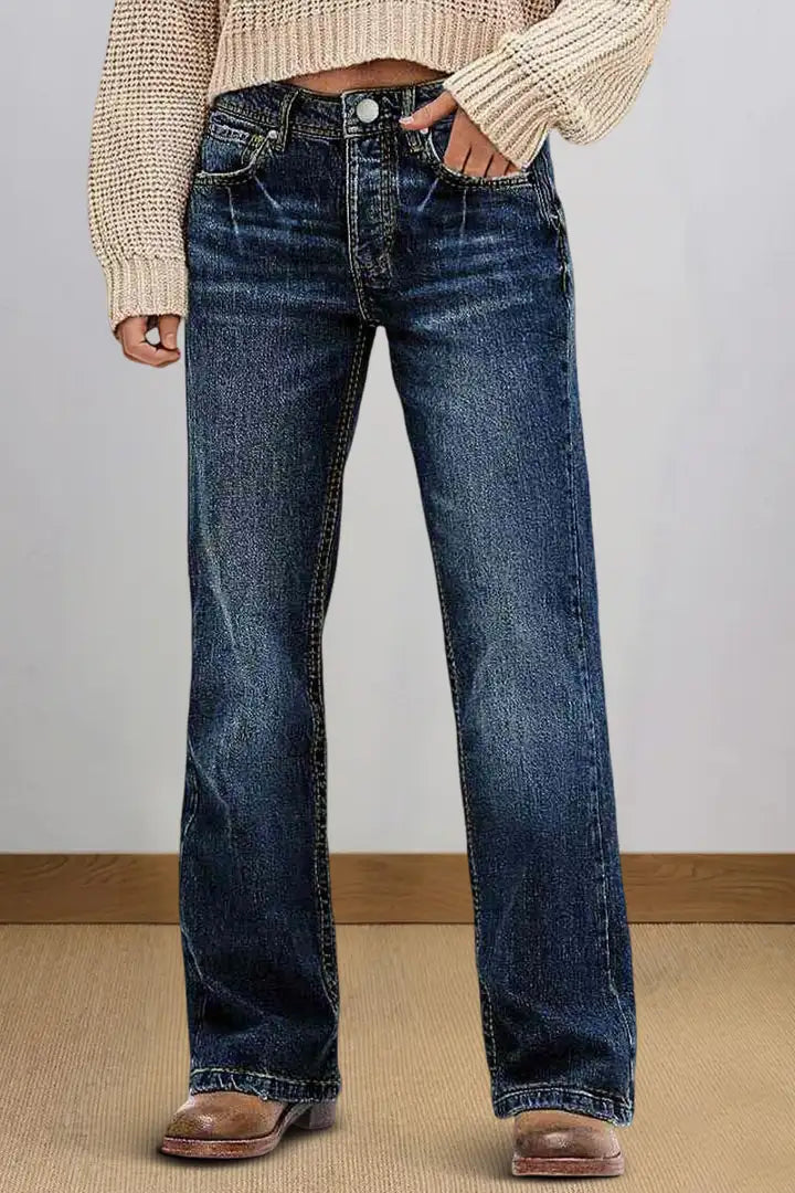 Wash Mid Rise Straight Leg Jeans