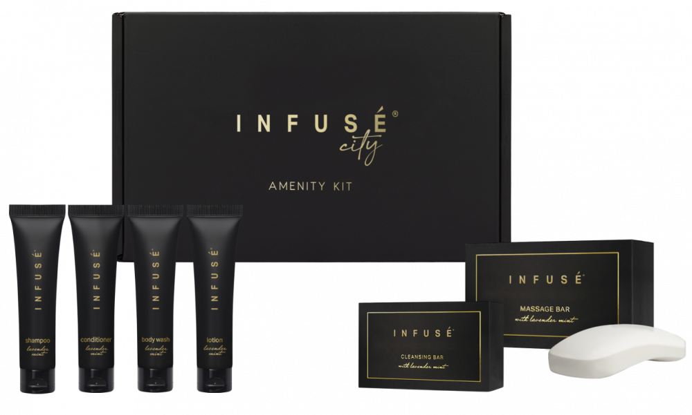 Infuse Black Amenity Kit | Boxed Hotel Toiletries | (2 BOXES OF) 1 oz Travel Size Shampoo, Conditioner, Lotion, Body Wash & Cleansing Bar for Guest Hospitality AirBnB/Vacation Rentals