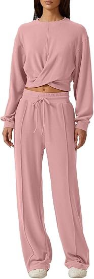 QINSEN Women 2 Piece Outfits Sweatsuit Set Twist Front Cropped Sweatshirt Wide Leg Sweatpant Lounge Set Tracksuit Size: Small