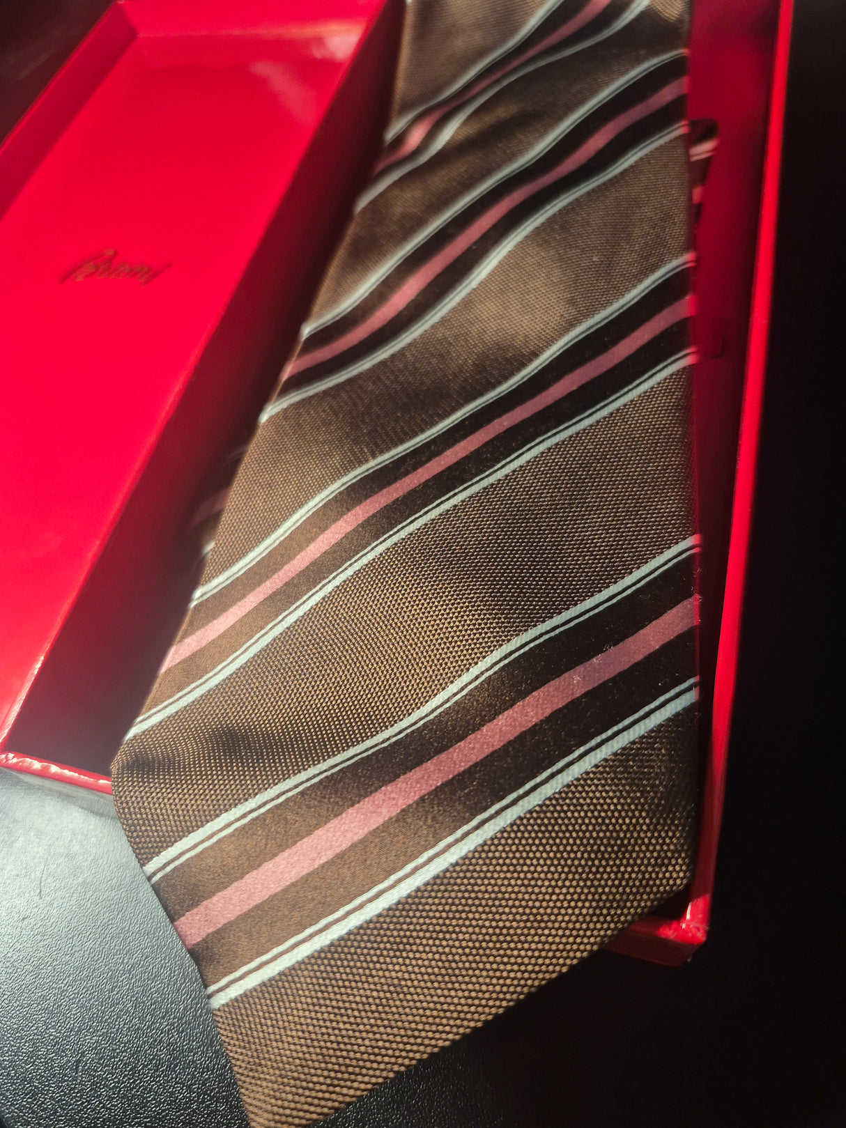 Vintage Brioni Tie-100%Silk- Light Brown With Dark Brown & Pink Horizontal Striping