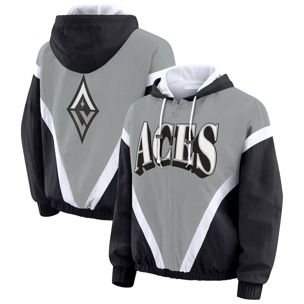 Las Vegas Aces WEAR by Erin Andrews Women's Colorblock Full-Zip Hoodie Windbreaker Jacket - Black/Gray