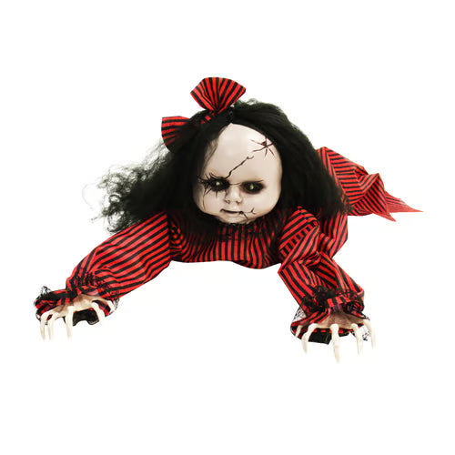 Haunted Hill Farm Animatronic Haunted Crawling Baby Doll with Lights and Sound, Indoor or Covered Outdoor Halloween Decoration