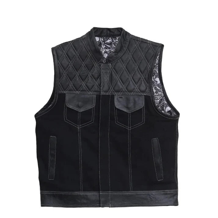 Leather and Denim Motorcycle Vest by Wild Wanderers - Black/White Paisley Lining - Medium