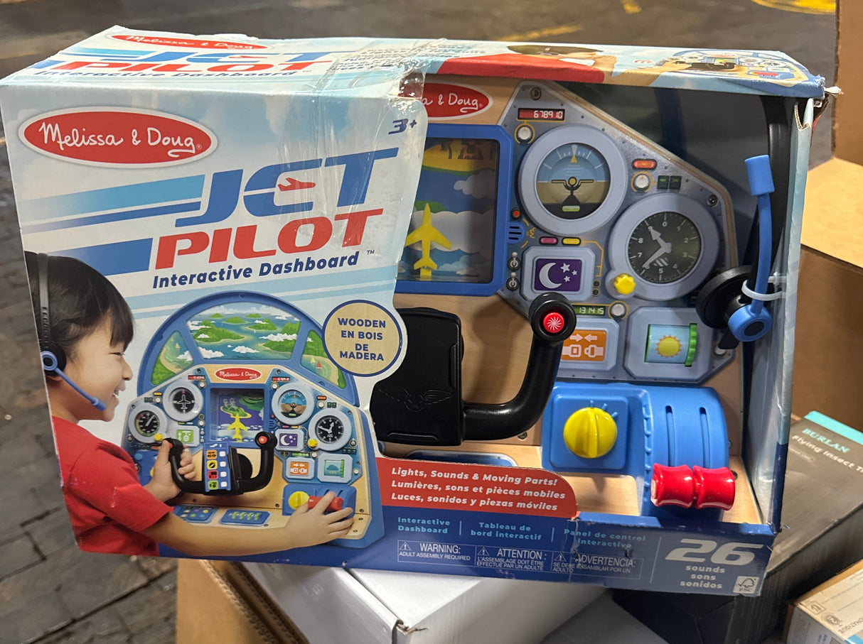 Melissa & Doug Jet Pilot Interactive Dashboard, Pretend Play Airplane Cockpit with Steering Yoke, Lights, Sounds, Buttons & Switches for Fidget Play, Wooden Toys