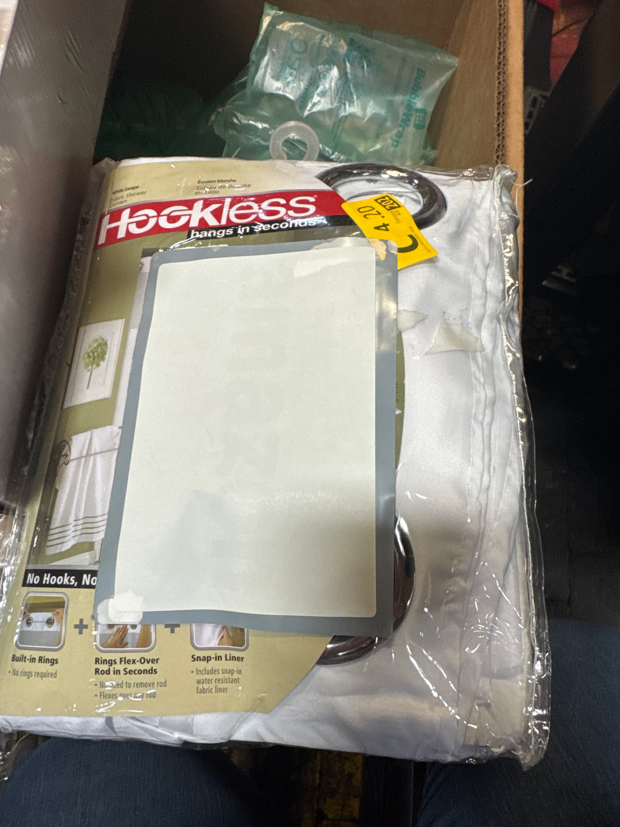 Hookless It's A Snap! Escape 3-in-1 Shower Curtain With Sheer Top Window, Flex-On Rings & Fabric Liner, 71" x 74", White