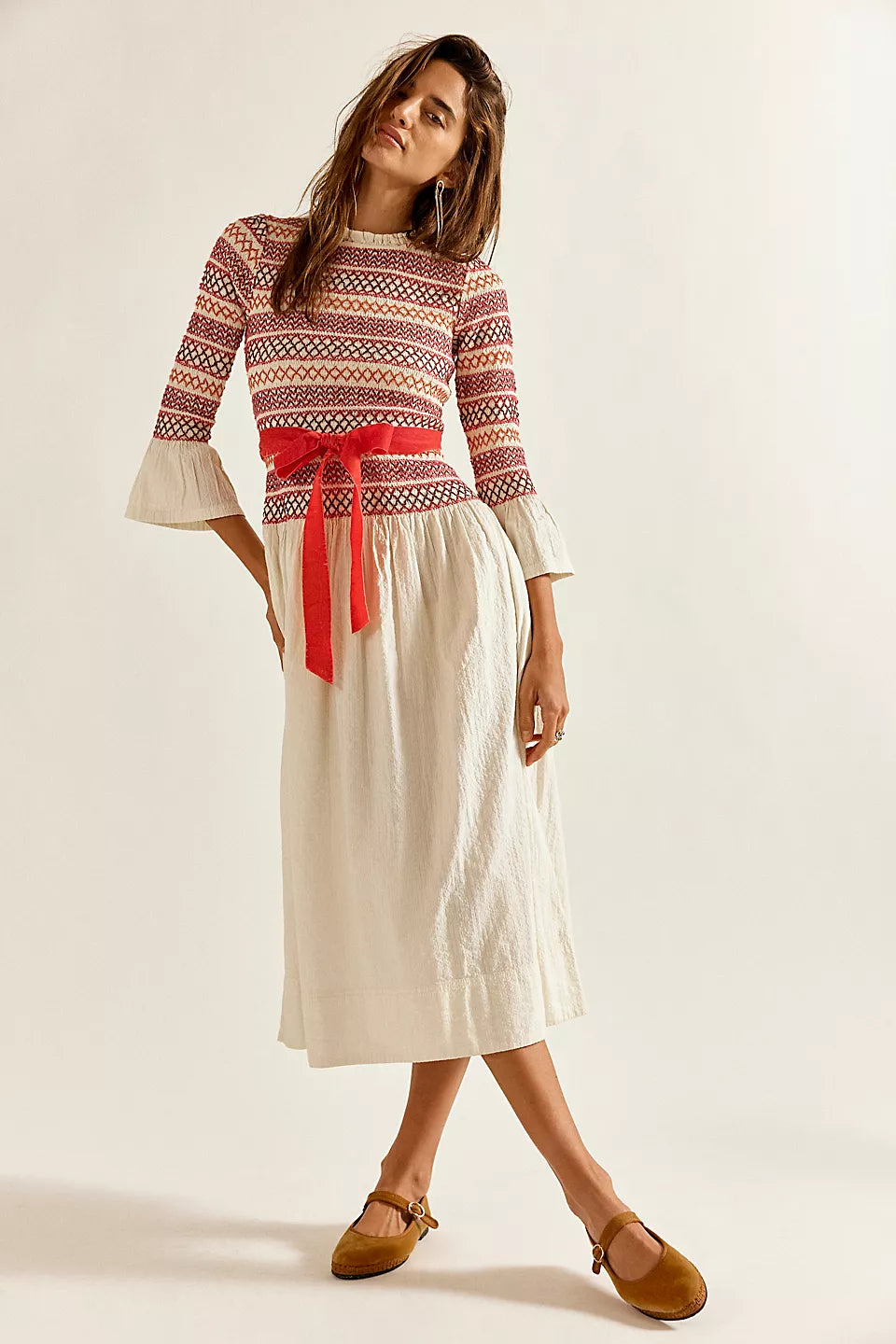 Free People Guiding Star Smocked Midi Dress Size: L