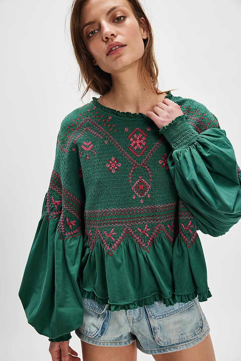 Free People Holly Long Sleeve Knit Top Green Combo Size: L
