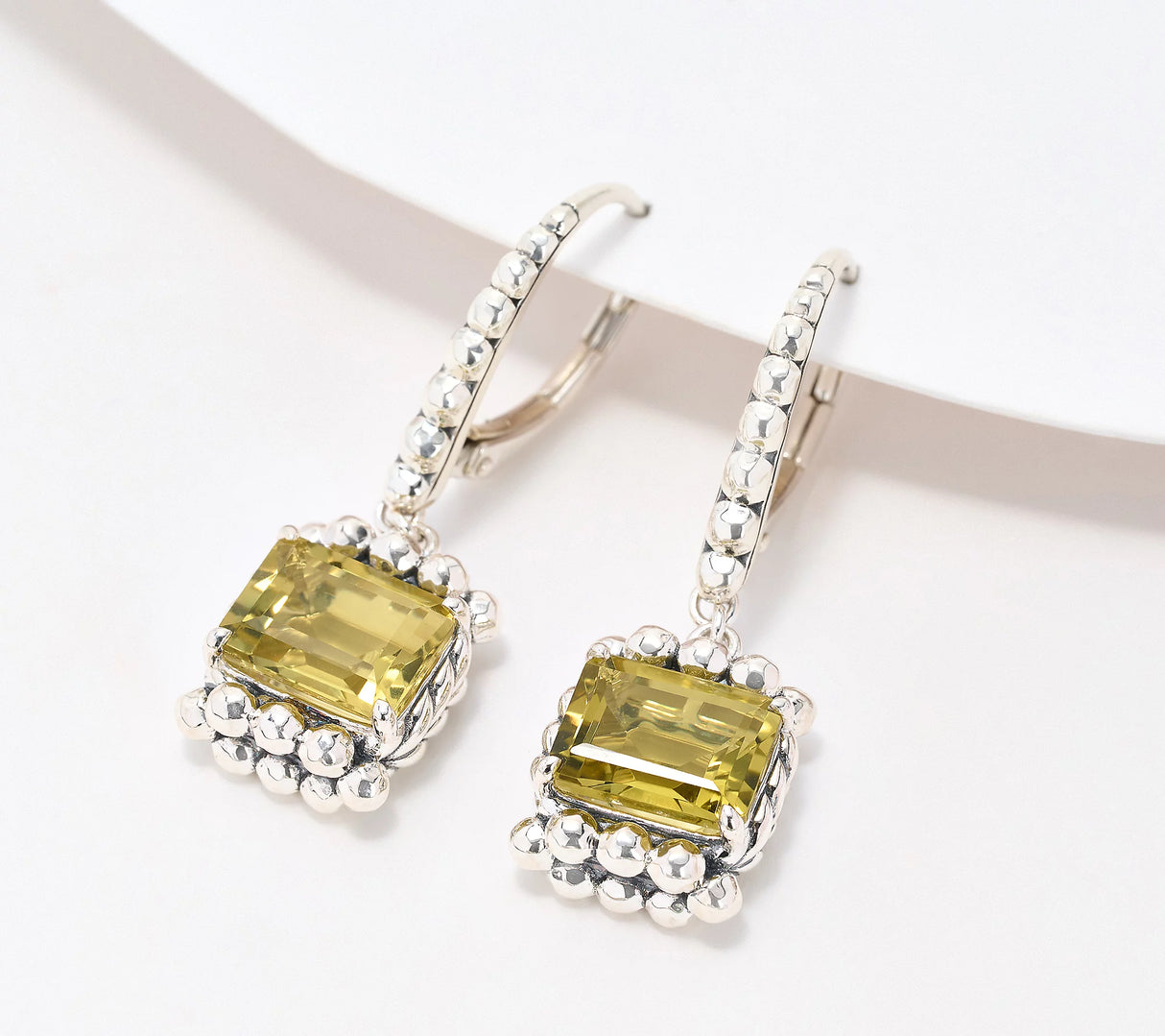 JAI Sterling Silver Emerald Cut Gemstone Earrings Olive Quartz
