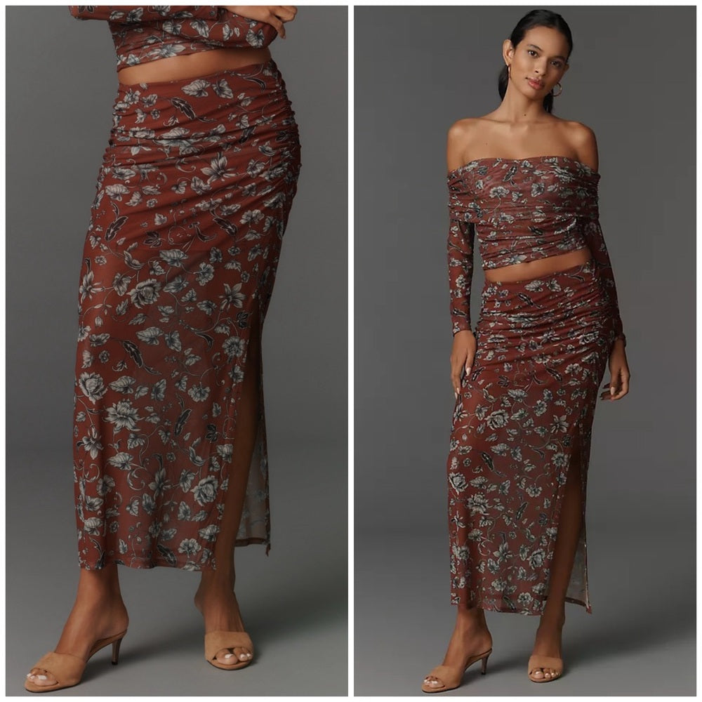 Maeve Ruched Mesh Fitted Maxi Skirt – Brown Floral