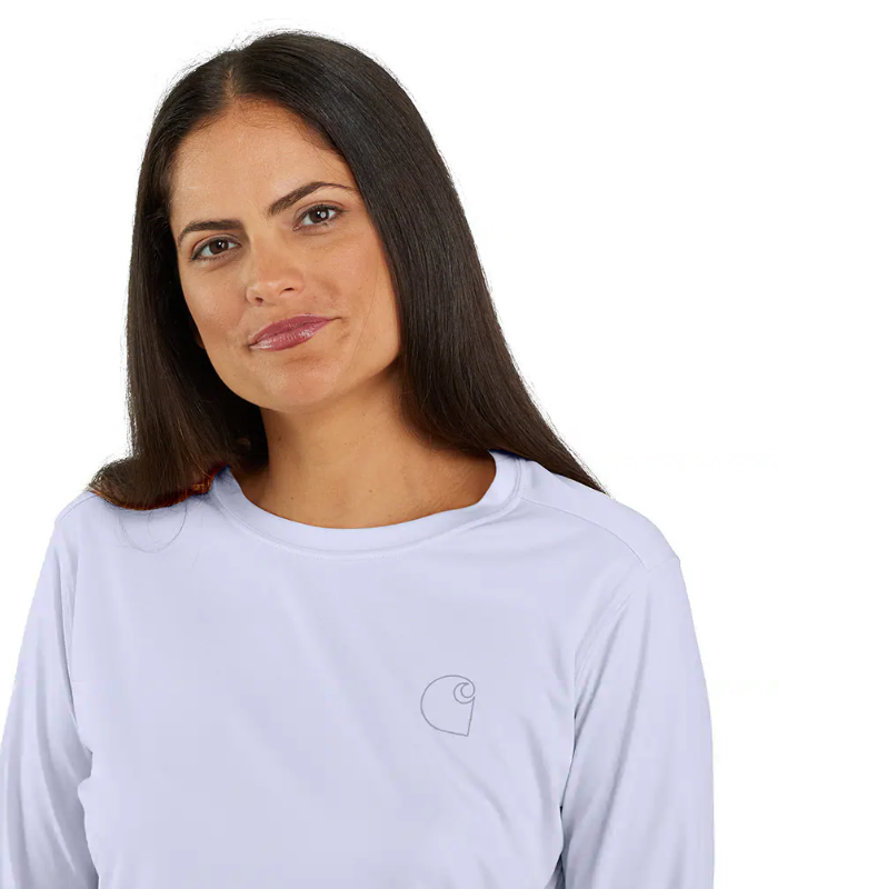 (MED) Carhartt women's Loose Fit Heavyweight Exclusive Logo Graphic Long-Sleeve Pocket T-Shirt- Lavender