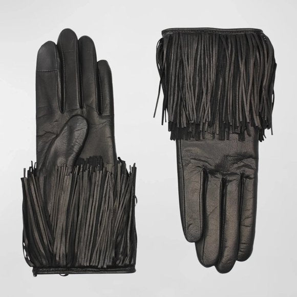 Lambskin and (6.5) Black Lambskin and Cashmere Gloves with Fringe
