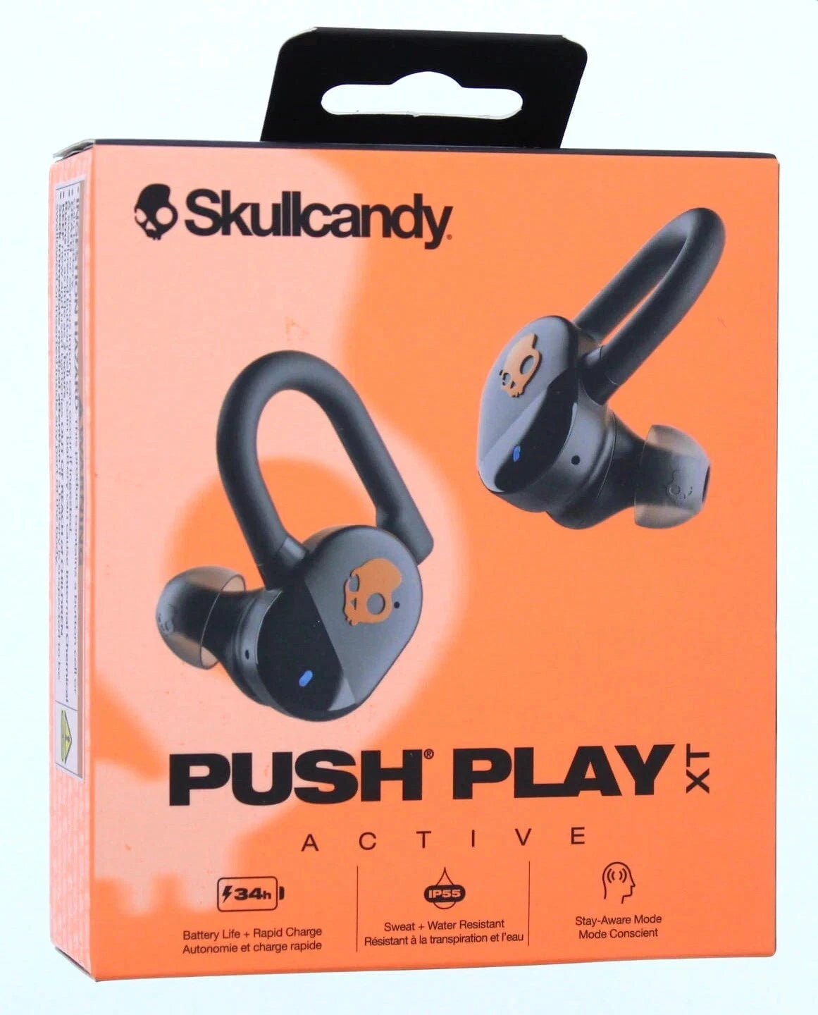 Skullcandy Push ANC Active Wireless Earbuds, Bluetooth Headphones, Noise Cancelling, 58 Hours Battery, Secure-Fit Over-Ear Hanger, Sweat and Waterproof, Microphone for iPhone Android - Black/Orange