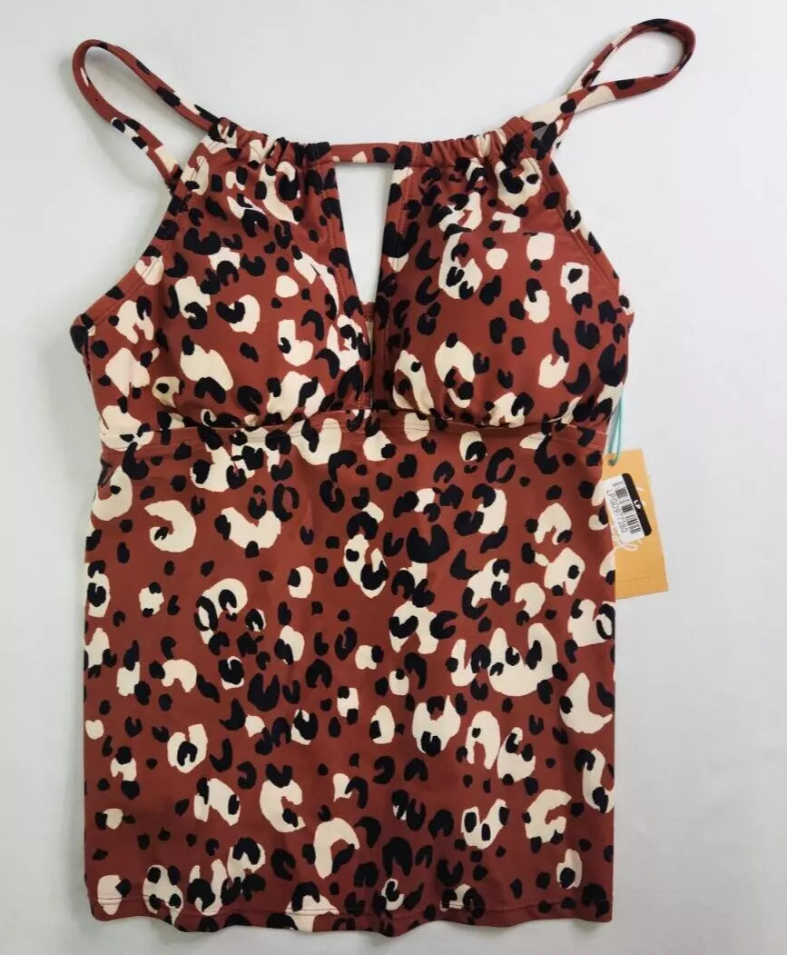 Kona Sol Womens Brown Animal Print High Neck Padded Swim Tankini Size S 4-6
