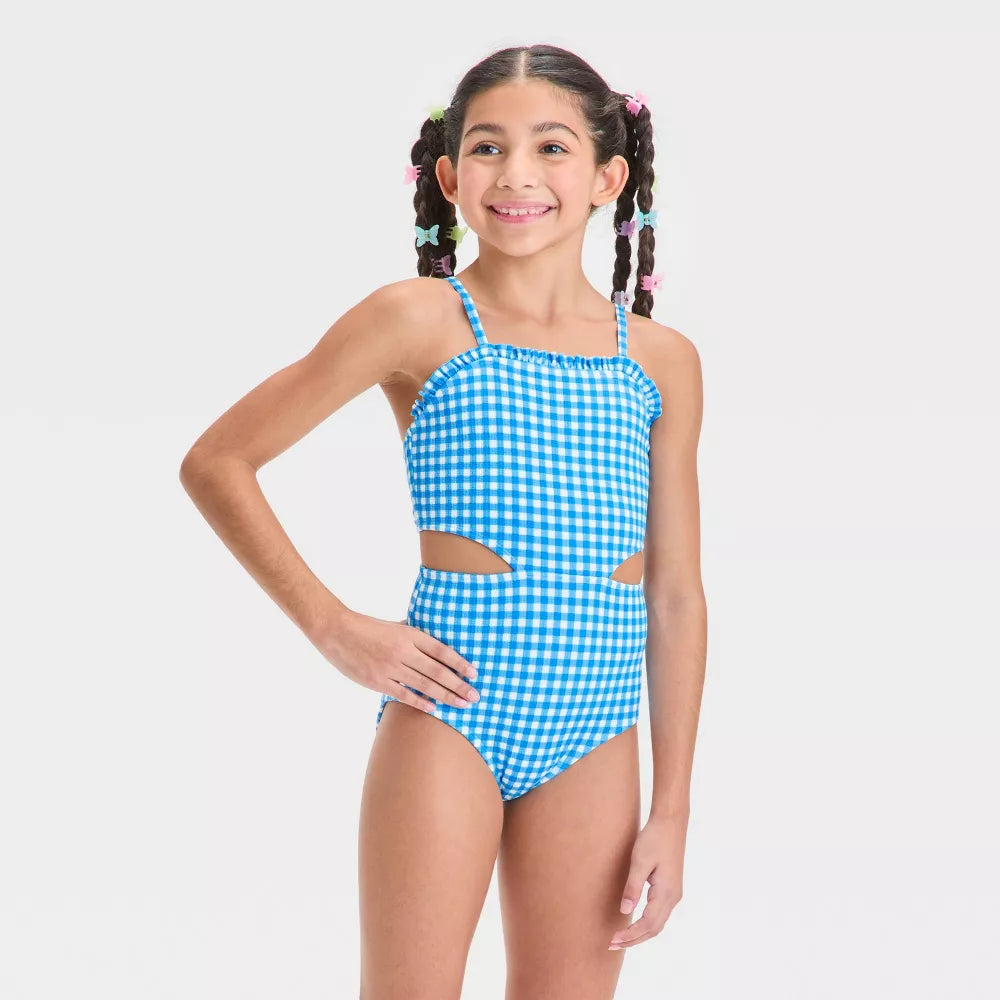 Girls' Gingham Checkered One Piece Swimsuit - Cat & Jack™ Blue/Size XS (4/5) One Piece