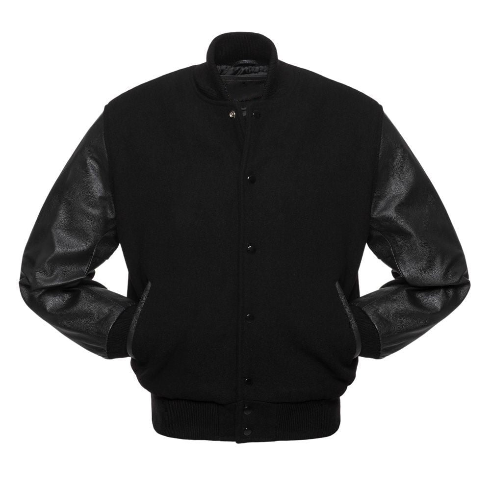 MARA LEATHER | Men's All Black Wool & Leather Varsity Letterman Jacket | LG