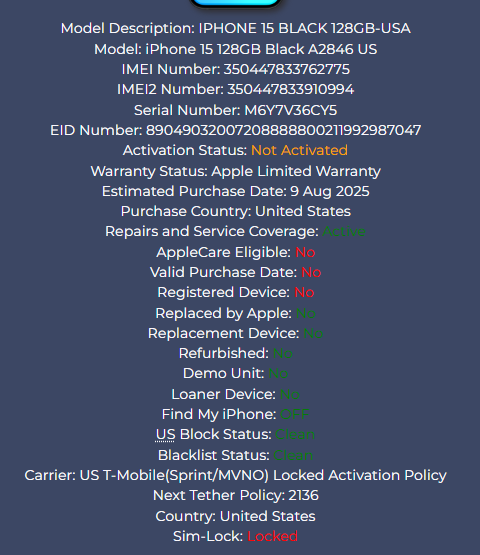 iPhone 15 Black - 128GB - Carrier Sprint/T-Mobile - New, Sealed