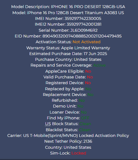 iPhone 16 Pro 128GB Desert - T-Mobile/Sprint Carrier - New Open Box
