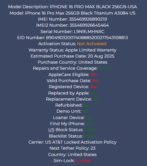 iPhone 16 Pro Max 256GB Black Titanium - AT&T Carrier- New, Open Box