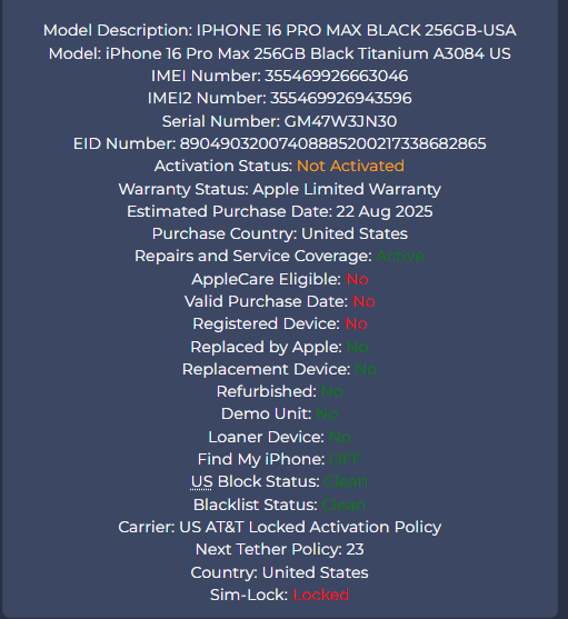 iPhone 16 Pro Max 256gb Black Titanium - AT&T Carrier - New Sealed