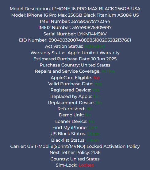 iPhone 16 Pro Max 256GB Black Titanium - T-Mobile/Sprint Carrier - New (Open/Damaged Box)