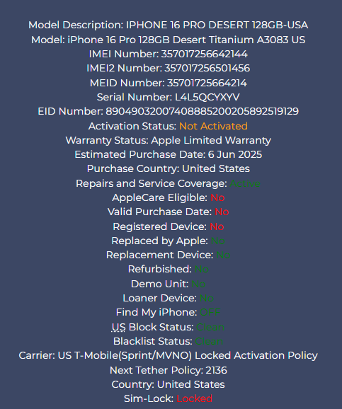 iPhone 16 Pro 128GB Desert - T-Mobile/Sprint Carrier - New Open Box