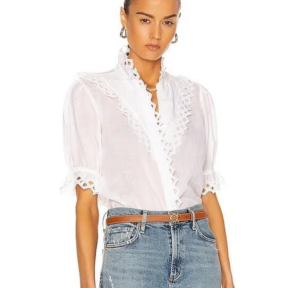 Frame Denim (S/P) Embroidered High Neck White Blouse