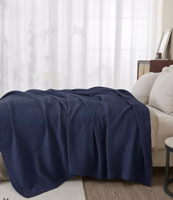 Linery & Co Waffle Weave Textured Cotton Blanket - Full/Queen - Navy