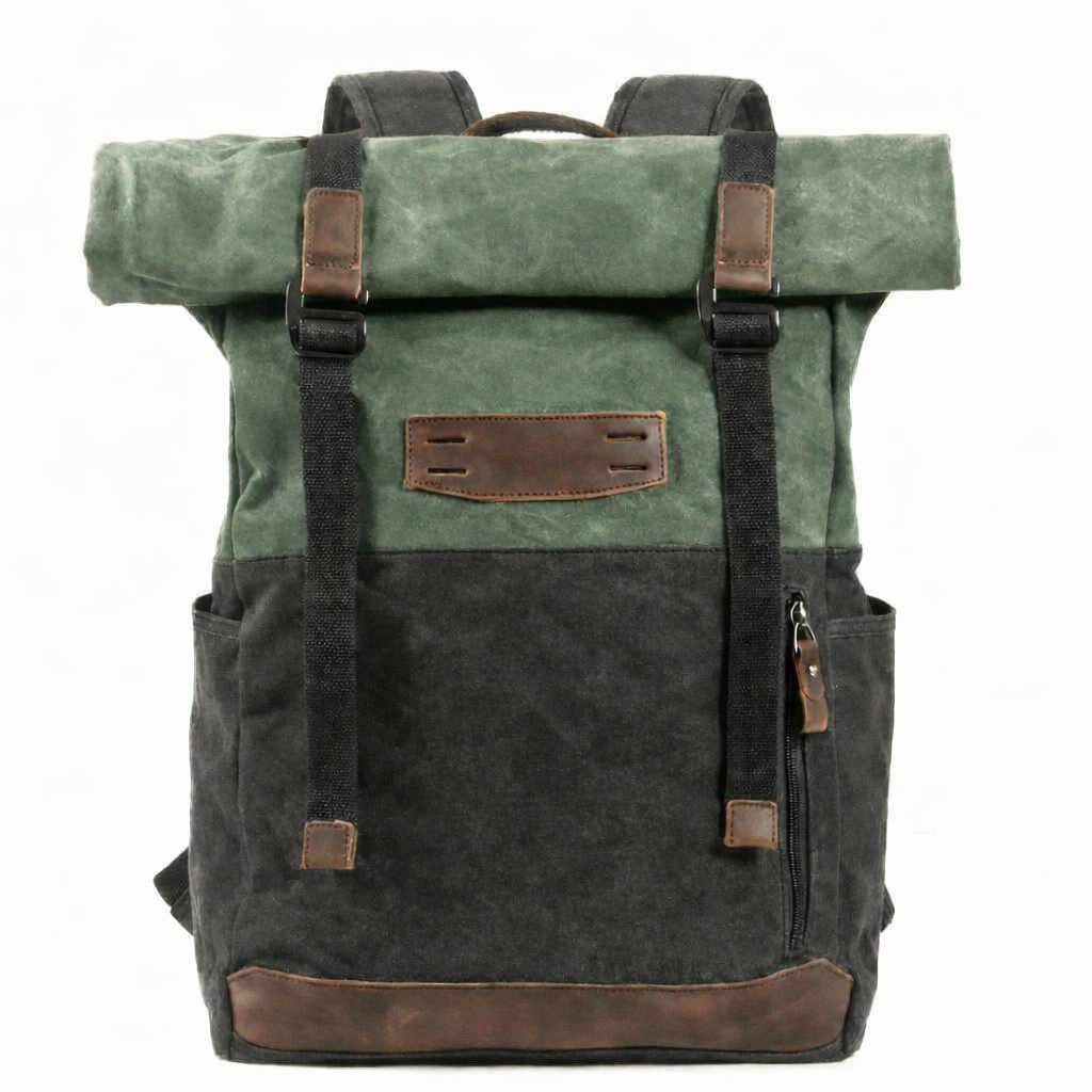 Waxed Canvas Vintage Roll Top Backpack in Lake Green