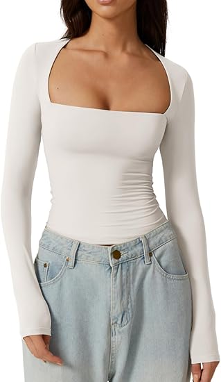 QINSEN Women's Sexy Square Neck Shirt Long Sleeve Double Lined Tees Fitted Top Size: Medium