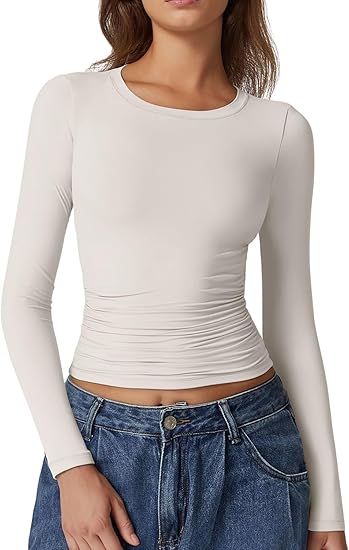 QINSEN Womens Crewneck Long Sleeve Shirt Double Lined Basic Tees Size: Small