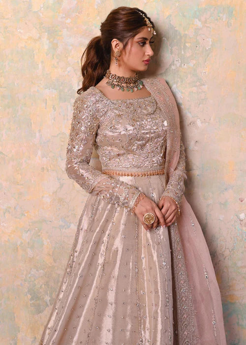 Qalamkar Beige Tissue Lehenga – Hand‑Embroidered 3‑Piece Bridal/Guest Wear Set - Size Large