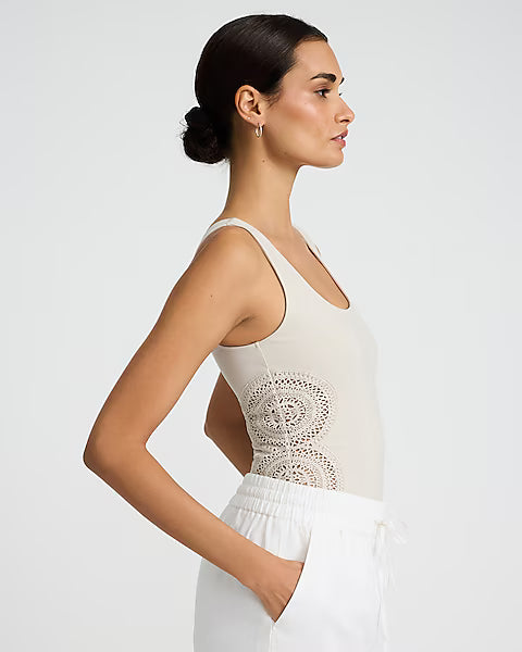 Body Contour Stretch Cotton Crochet Pieced Bodysuit Large