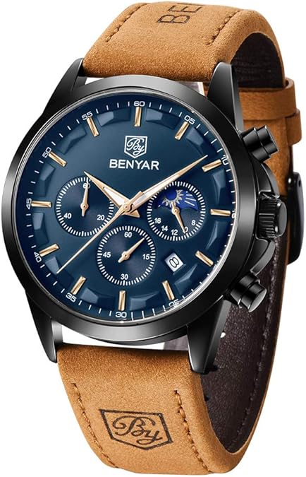 BY BENYAR Watch for Men Analog Quartz Chronograph Waterproof Luminous Designer Mens Wrist Watches Business Work Sport Casual Dress Watch with Silicone Strap Elegant Gifts for Men (NEW)