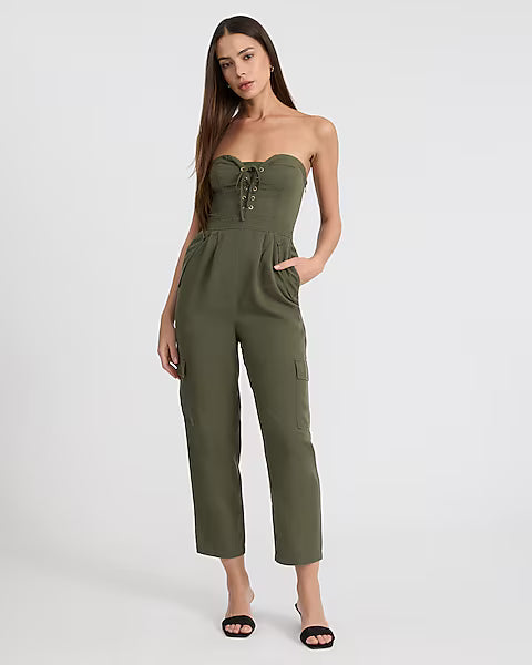 Strapless Lace Up Cargo Jumpsuit Size: 0