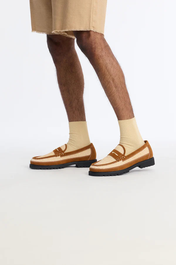 Woven Faux Suede Contrast Stitch Penny Loafer - Brown - Size 9