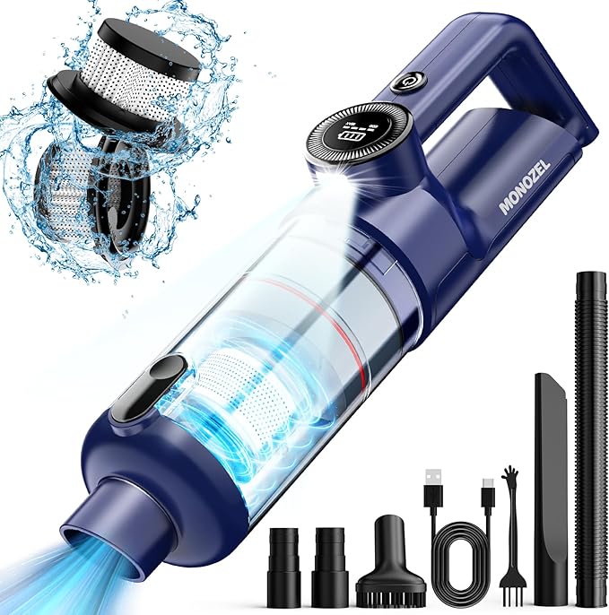 MONOZEL Handheld Vacuum Cordless - Car Vacuum Cleaner with Brushless Motor, 15000Pa Strong Suction Vacuum with LED Light, Type C Port, 2 HEPA Fliters, Portable Hand Vacuum for Home, Office, and Car (NEW)