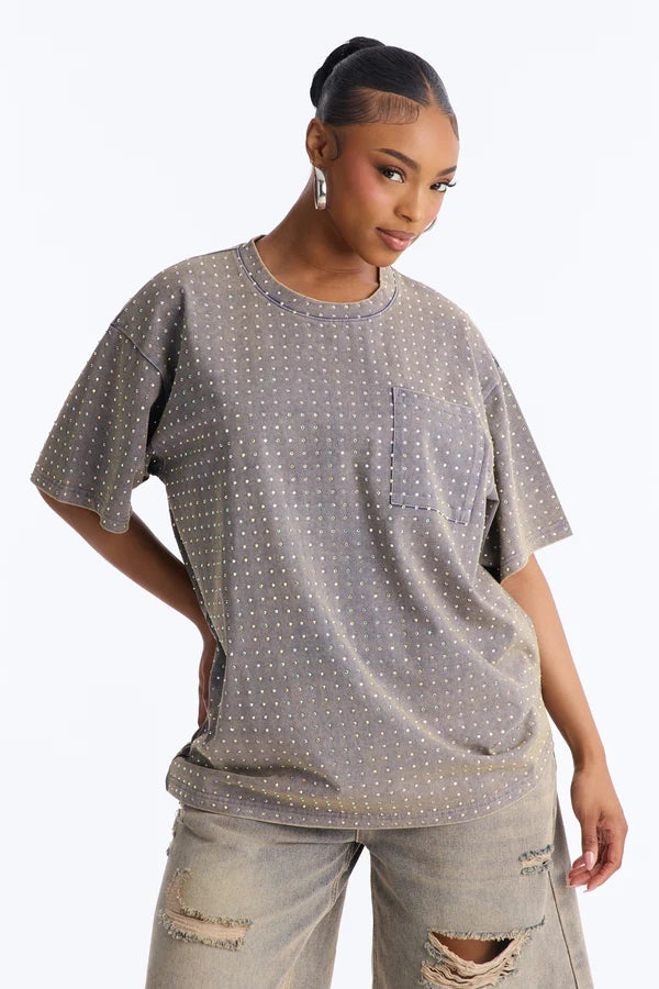 Women's City Sparkle Rhinestone Short Sleeve Oversized T-Shirt by Fashion Nova - Charcoal - Size 3X