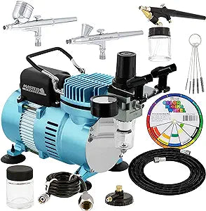 Master Airbrush Cool Runner II Dual Fan Air Compressor Professional Airbrushing System Kit with 3 Airbrushes, Gravity and Siphon Feed - Holder, Color Mixing Wheel, Cleaning Brush Set, How-To Guide (NEW)