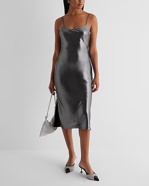 Metallic Scoop Neck Downtown Cami Midi Slip Dress Size: Small