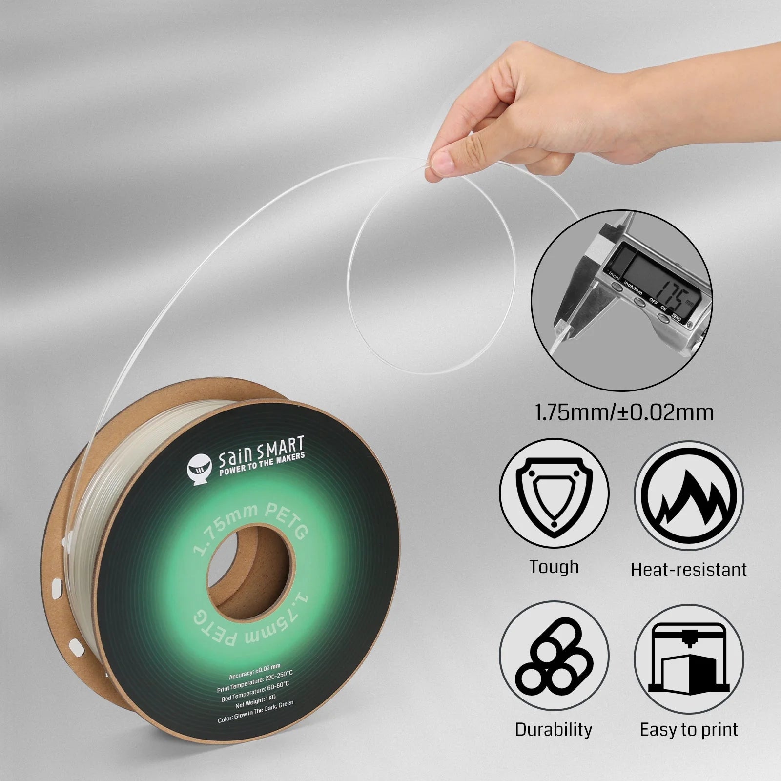 SainSmart 3D Printer Filament 1.75mm - Glow in the Dark, Green