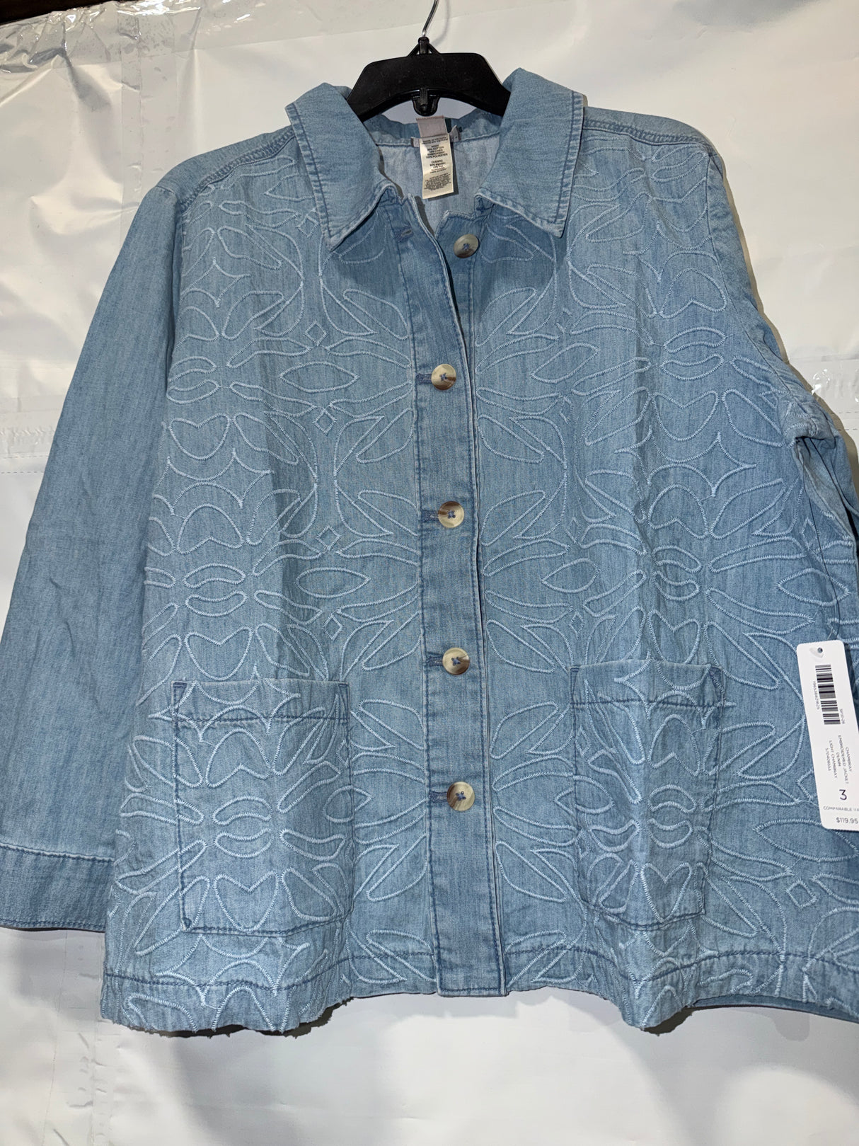 Chico's Chambray Embroidered Denim Jacket - Light Chambray