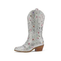 Autumn Winter New Water Dia Crystal Mid-Calf Fashion 5cm Thick Heel Auto Show Model Motorcycle Boots Size10